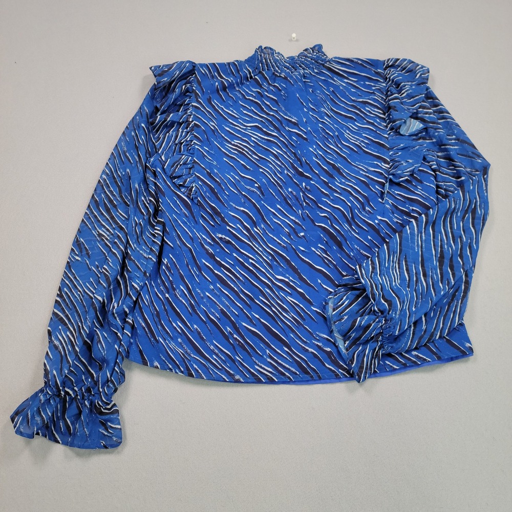 Steve Madden Womens Mock Neck Chiffon Top Blue Zebra Print Ruffle XL NWT
